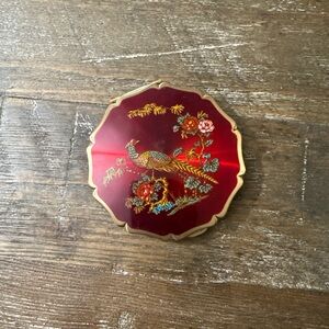 Red Vintage Stratton Enamel Peacock Powder Compact Mirror with Gold Trim
